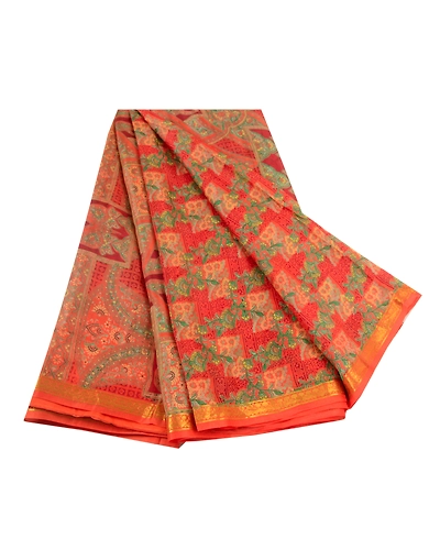Sanskriti Vintage Sarees Orange-Green Zari Border Printed Pure Silk Sari Fabric, PR-64454-Orange &amp; Green-Pure Silk-6