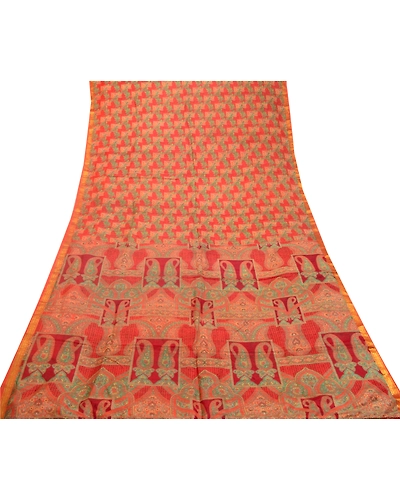Sanskriti Vintage Sarees Orange-Green Zari Border Printed Pure Silk Sari Fabric, PR-64454-Orange &amp; Green-Pure Silk-7