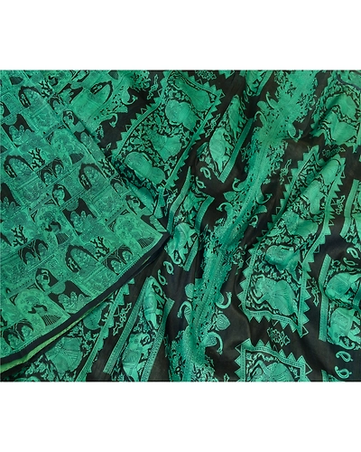 Sanskriti Vintage Sarees Black-Green Animal Women Printed Pure Silk Sari Fabric, PR-64468-Black &amp; Green-Pure Silk-1