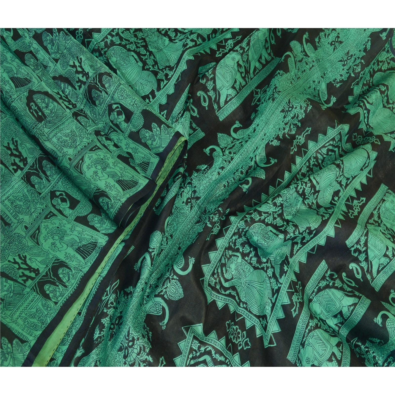 Sanskriti Vintage Sarees Black-Green Animal Women Printed Pure Silk Sari Fabric, PR-64468-Black &amp; Green-Pure Silk-2