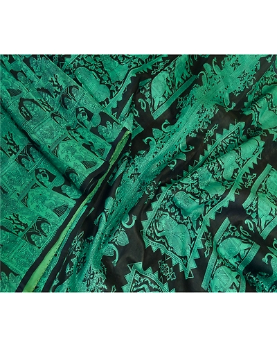 Sanskriti Vintage Sarees Black-Green Animal Women Printed Pure Silk Sari Fabric, PR-64468-Black &amp; Green-Pure Silk-2