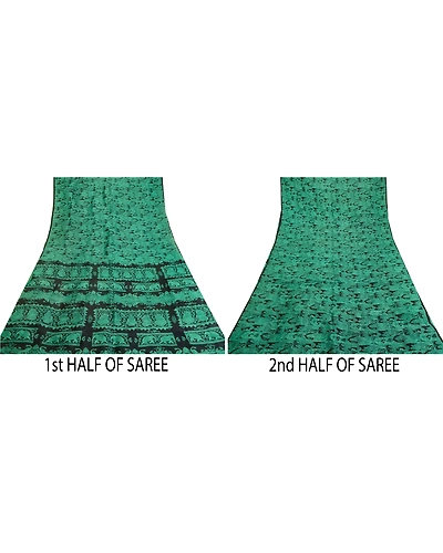 Sanskriti Vintage Sarees Black-Green Animal Women Printed Pure Silk Sari Fabric, PR-64468-Black &amp; Green-Pure Silk-4
