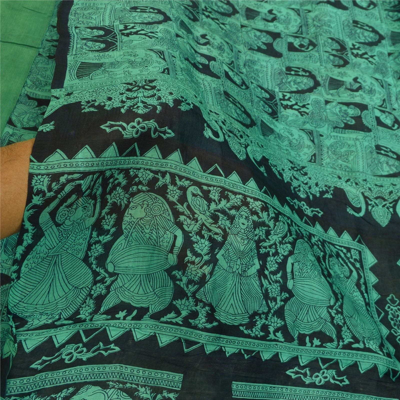 Sanskriti Vintage Sarees Black-Green Animal Women Printed Pure Silk Sari Fabric, PR-64468-Black &amp; Green-Pure Silk-5