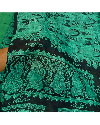 Sanskriti Vintage Sarees Black-Green Animal Women Printed Pure Silk Sari Fabric, PR-64468-Black &amp; Green-Pure Silk-5