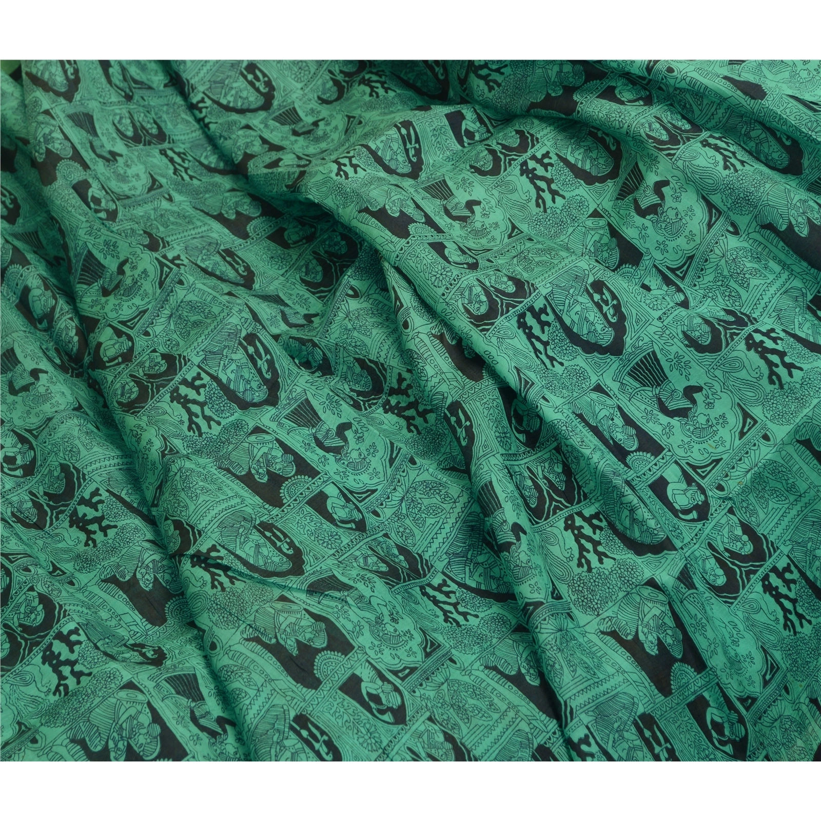 Sanskriti Vintage Sarees Black-Green Animal Women Printed Pure Silk Sari Fabric, PR-64468-Black &amp; Green-Pure Silk-6