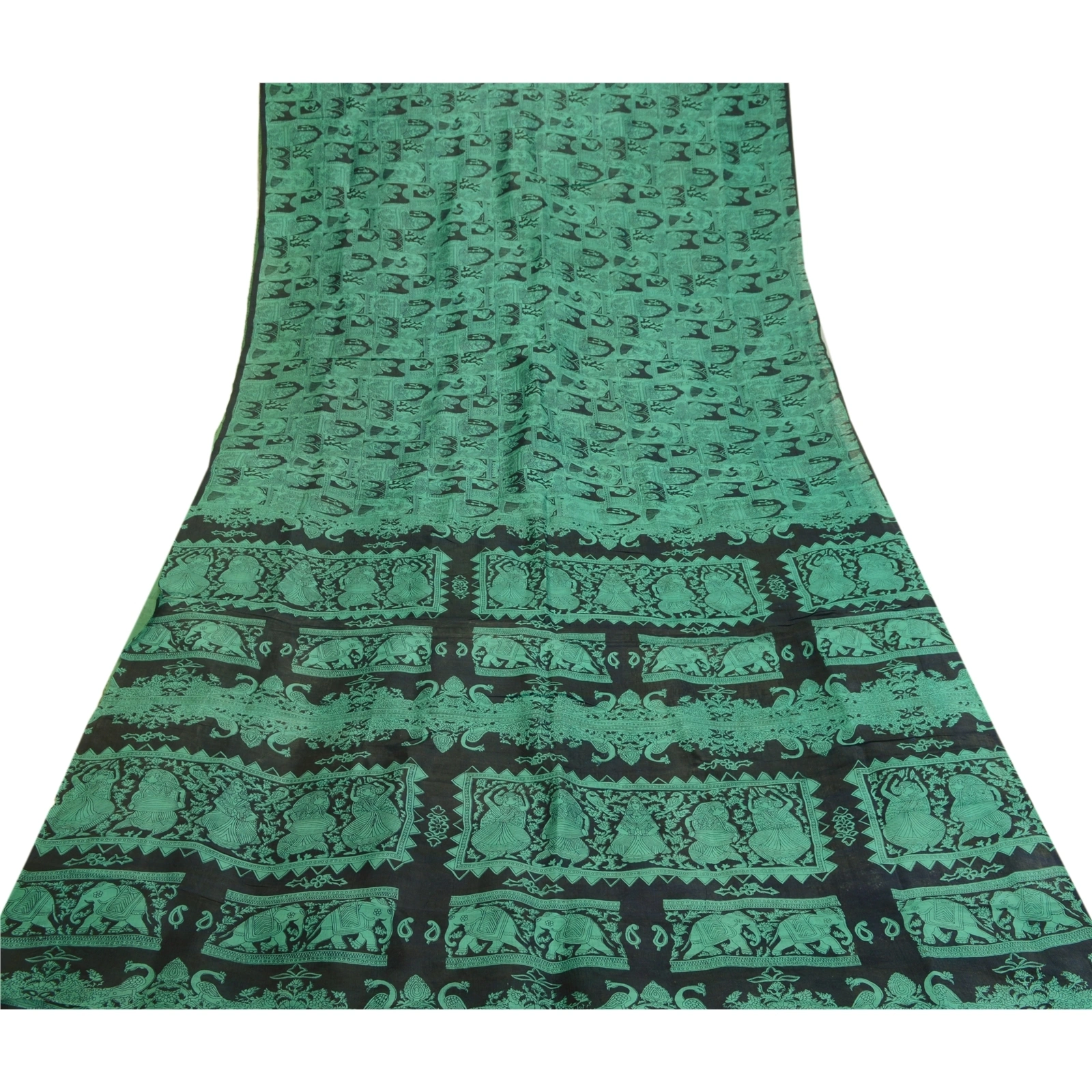 Sanskriti Vintage Sarees Black-Green Animal Women Printed Pure Silk Sari Fabric, PR-64468-Black &amp; Green-Pure Silk-8