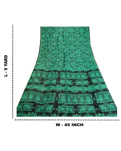 Sanskriti Vintage Sarees Black-Green Animal Women Printed Pure Silk Sari Fabric, PR-64468-Black &amp; Green-Pure Silk-9