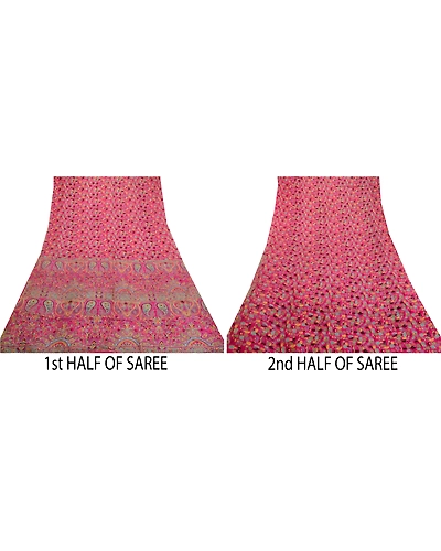 Sanskriti Vintage Sarees Pink Animal Floral Printed Pure Silk Sari Craft Fabric, PR-64469-Pink-Pure Silk-4