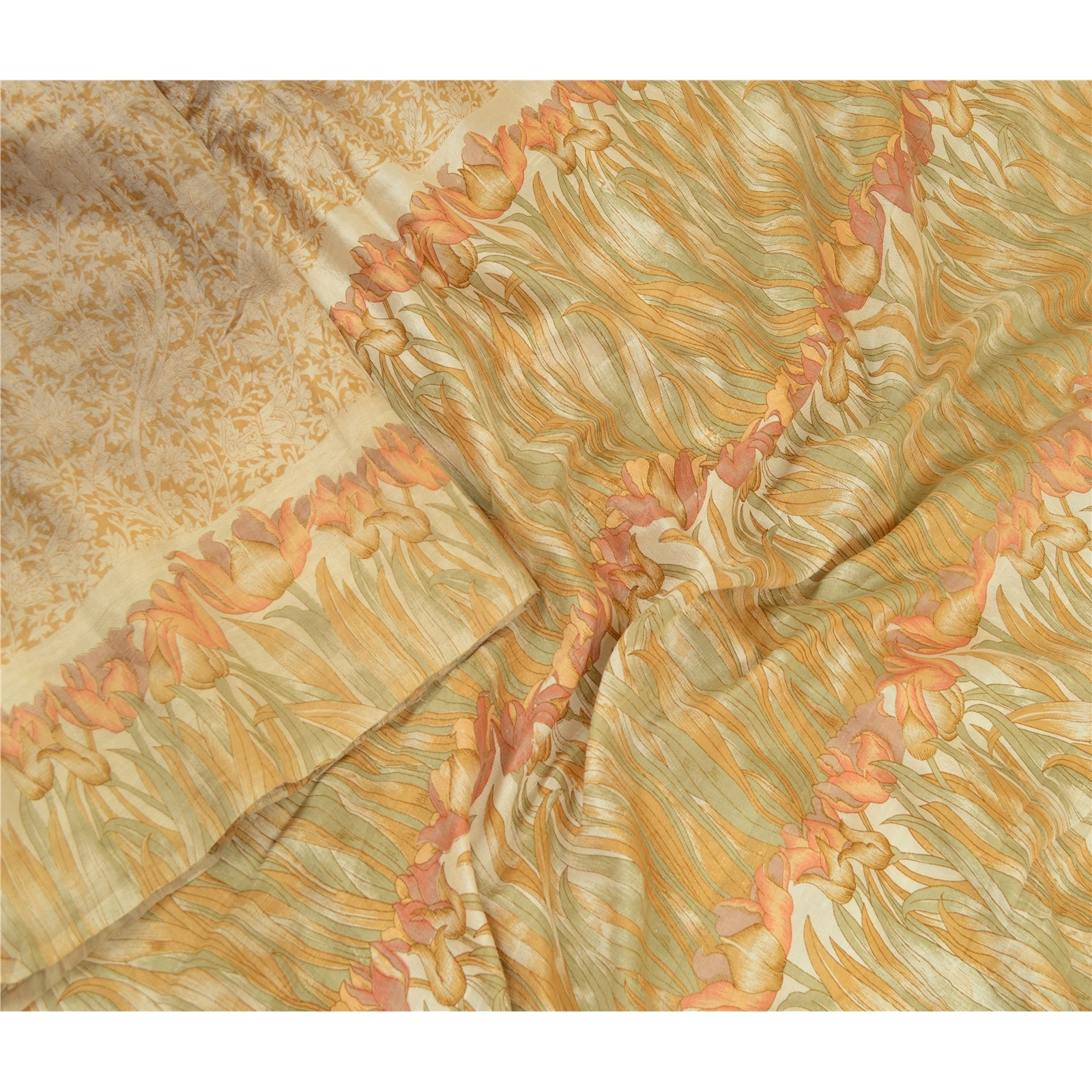 Sanskriti Vintage Sarees From India Brown Pure Silk Printed Sari Craft Fabric, PR-64471-Brown-Pure Silk-1