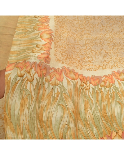 Sanskriti Vintage Sarees From India Brown Pure Silk Printed Sari Craft Fabric, PR-64471-Brown-Pure Silk-5