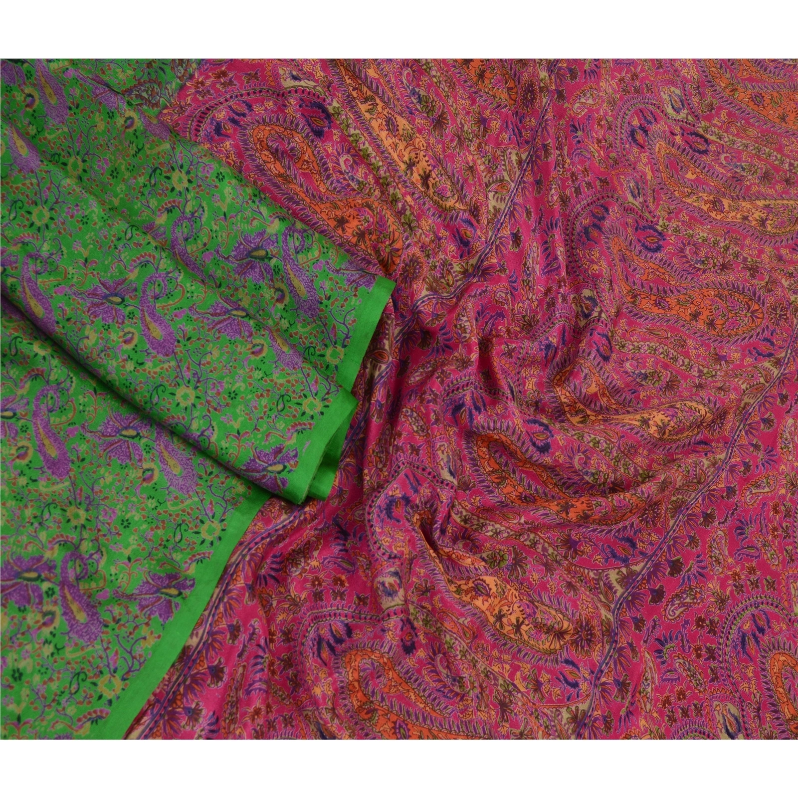 Sanskriti Vintage Sarees Green &amp; Pink Pure Silk Printed Sari Floral Craft Fabric, PR-64473-Green &amp; Pink-Pure Silk-3