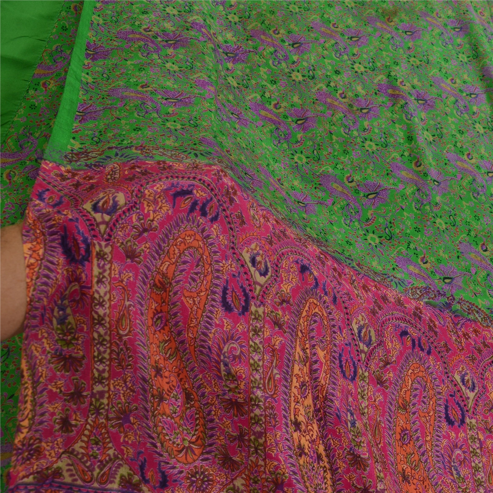 Sanskriti Vintage Sarees Green &amp; Pink Pure Silk Printed Sari Floral Craft Fabric, PR-64473-Green &amp; Pink-Pure Silk-6