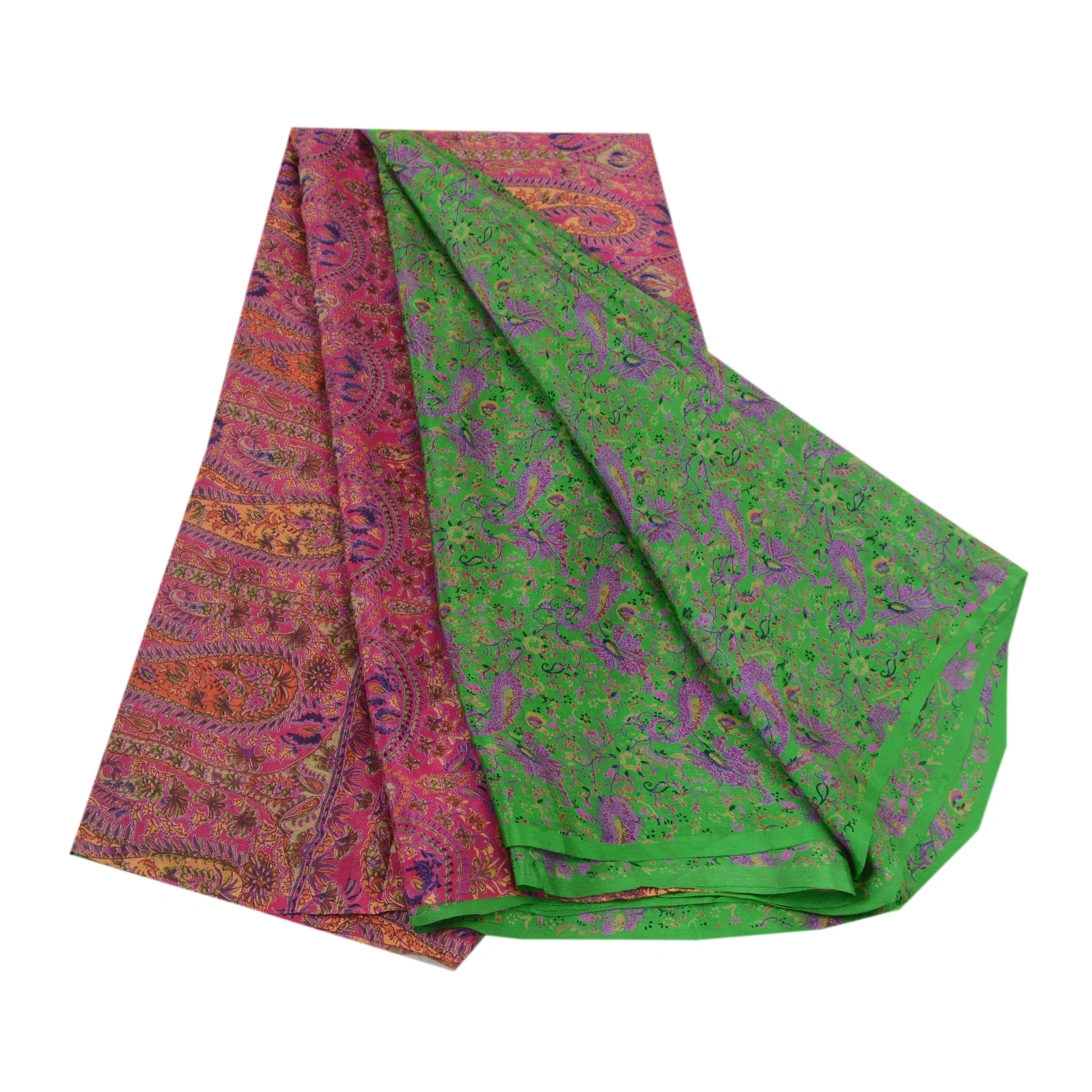 Sanskriti Vintage Sarees Green &amp; Pink Pure Silk Printed Sari Floral Craft Fabric, PR-64473-Green &amp; Pink-Pure Silk-7