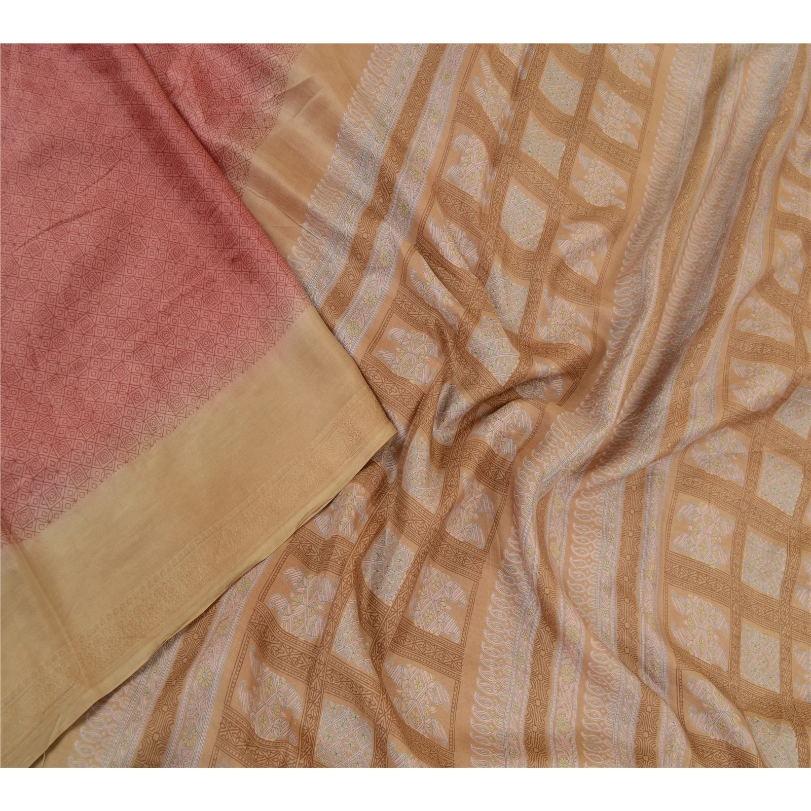 Sanskriti Vintage Sarees Pink-Brown Pure Silk Geometric Print Sari Craft Fabric, PR-64480-Pink &amp; Brown-Pure Silk-2