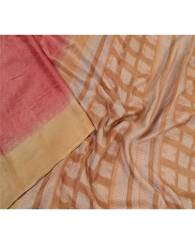 Sanskriti Vintage Sarees Pink-Brown Pure Silk Geometric Print Sari Craft Fabric, PR-64480-Pink &amp; Brown-Pure Silk-2