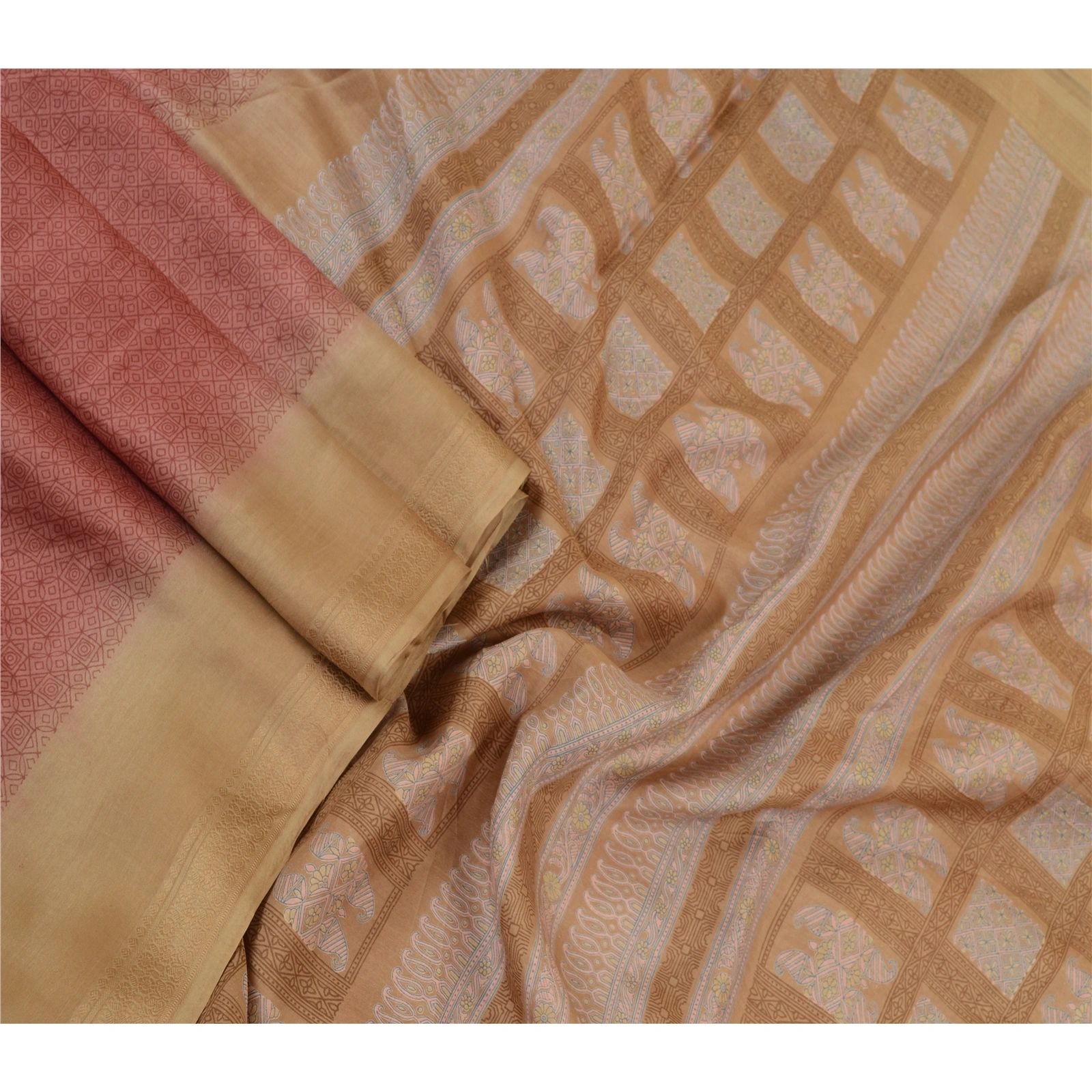 Sanskriti Vintage Sarees Pink-Brown Pure Silk Geometric Print Sari Craft Fabric, PR-64480-Pink &amp; Brown-Pure Silk-3