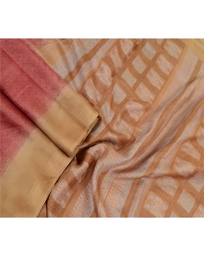 Sanskriti Vintage Sarees Pink-Brown Pure Silk Geometric Print Sari Craft Fabric, PR-64480-Pink &amp; Brown-Pure Silk-3