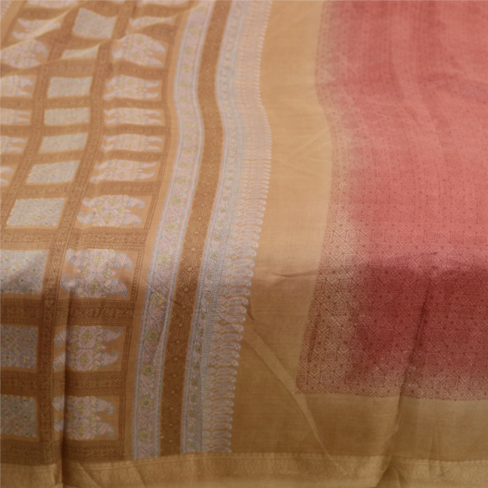 Sanskriti Vintage Sarees Pink-Brown Pure Silk Geometric Print Sari Craft Fabric, PR-64480-Pink &amp; Brown-Pure Silk-4