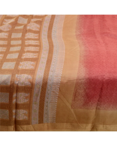 Sanskriti Vintage Sarees Pink-Brown Pure Silk Geometric Print Sari Craft Fabric, PR-64480-Pink &amp; Brown-Pure Silk-4