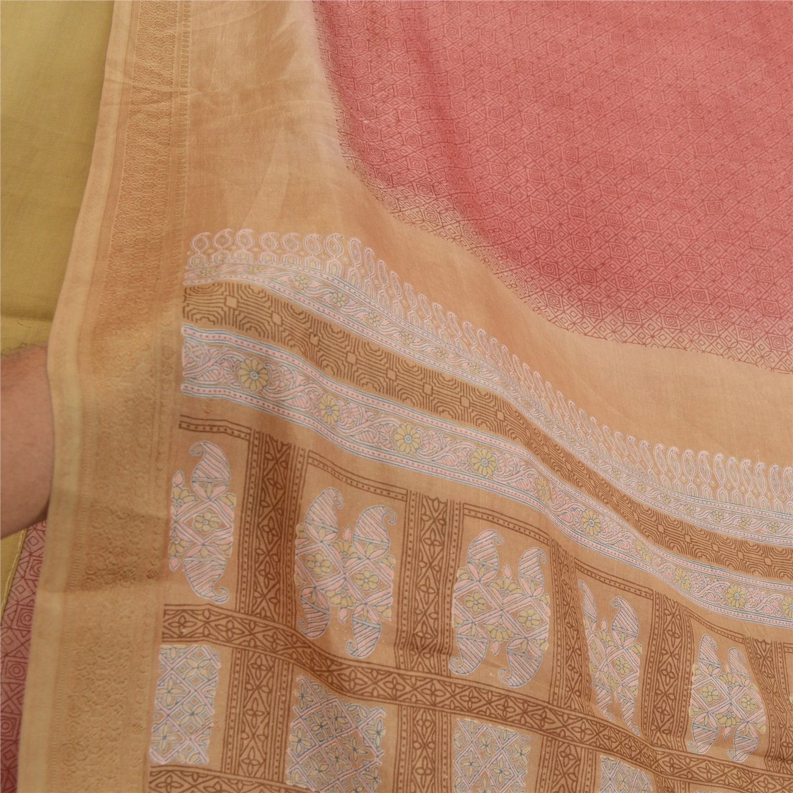 Sanskriti Vintage Sarees Pink-Brown Pure Silk Geometric Print Sari Craft Fabric, PR-64480-Pink &amp; Brown-Pure Silk-6