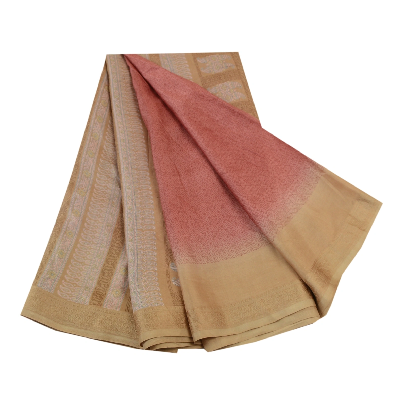 Sanskriti Vintage Sarees Pink-Brown Pure Silk Geometric Print Sari Craft Fabric, PR-64480-Pink &amp; Brown-Pure Silk-8