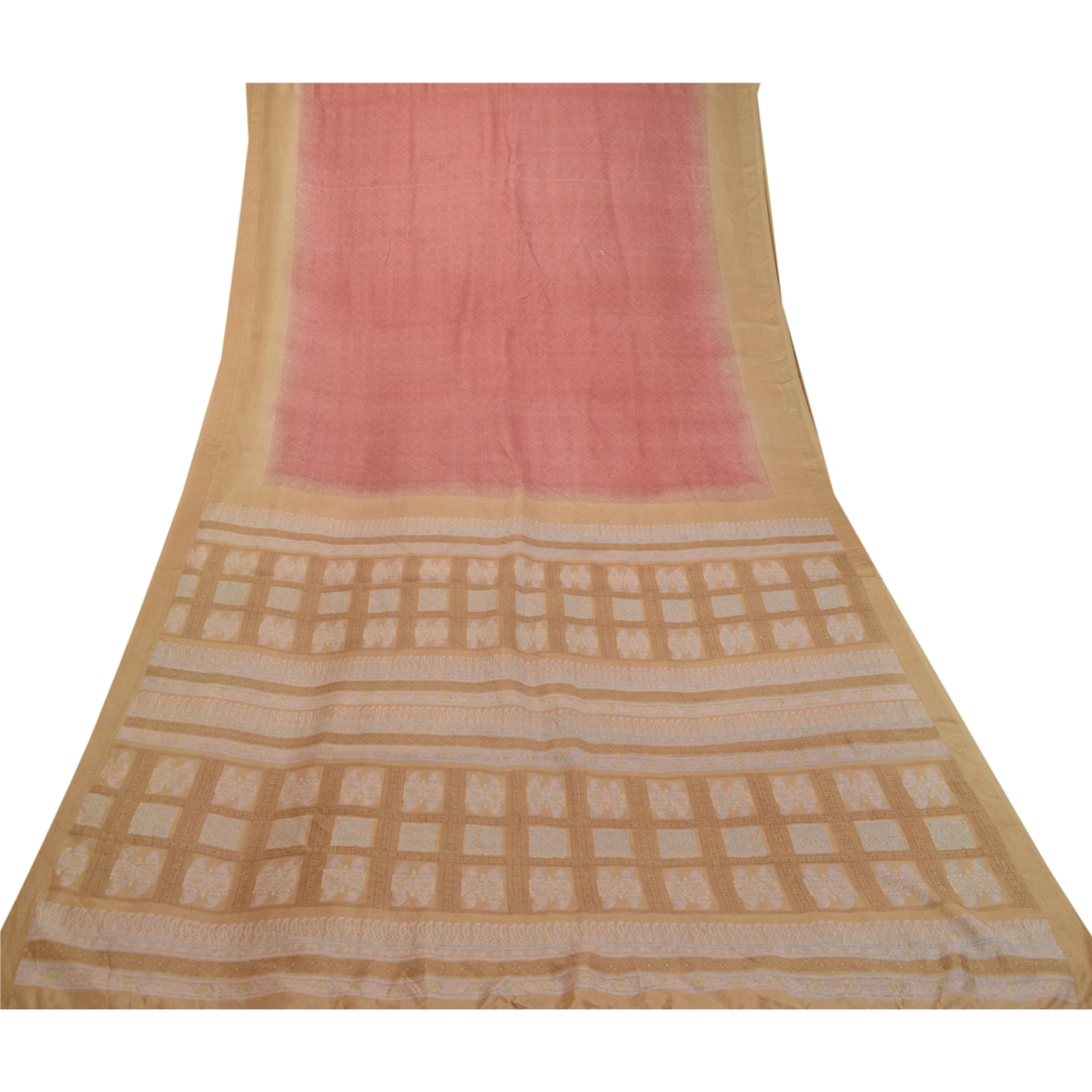 Sanskriti Vintage Sarees Pink-Brown Pure Silk Geometric Print Sari Craft Fabric, PR-64480-Pink &amp; Brown-Pure Silk-9