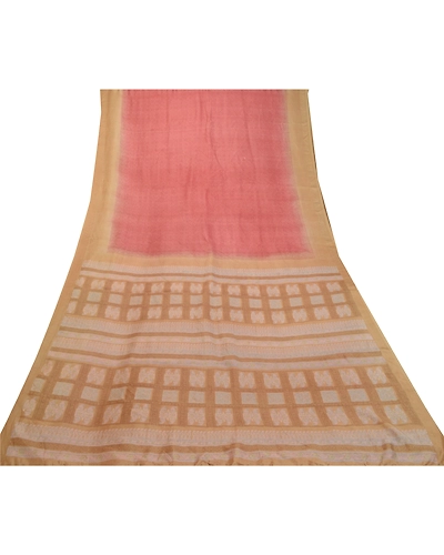 Sanskriti Vintage Sarees Pink-Brown Pure Silk Geometric Print Sari Craft Fabric, PR-64480-Pink &amp; Brown-Pure Silk-9