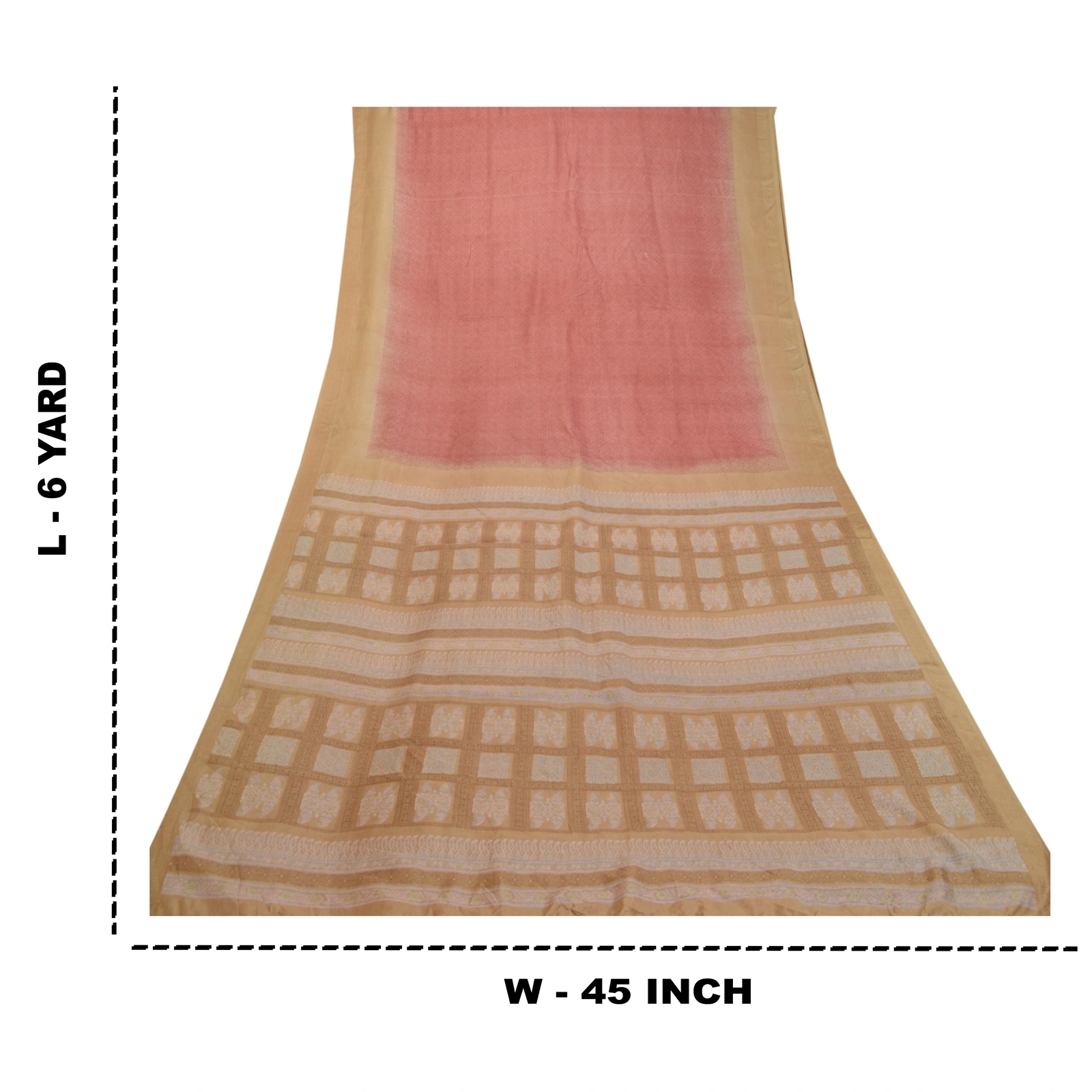 Sanskriti Vintage Sarees Pink-Brown Pure Silk Geometric Print Sari Craft Fabric, PR-64480-Pink &amp; Brown-Pure Silk-10