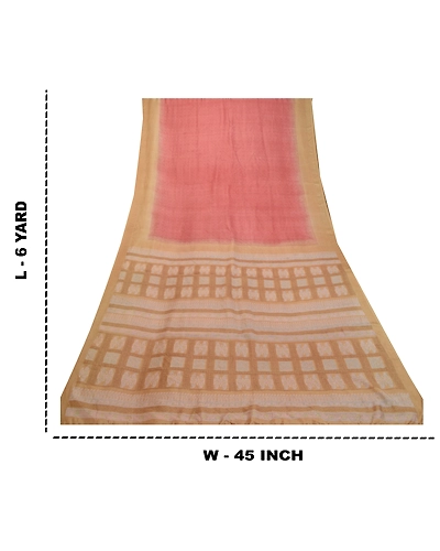 Sanskriti Vintage Sarees Pink-Brown Pure Silk Geometric Print Sari Craft Fabric, PR-64480-Pink &amp; Brown-Pure Silk-10