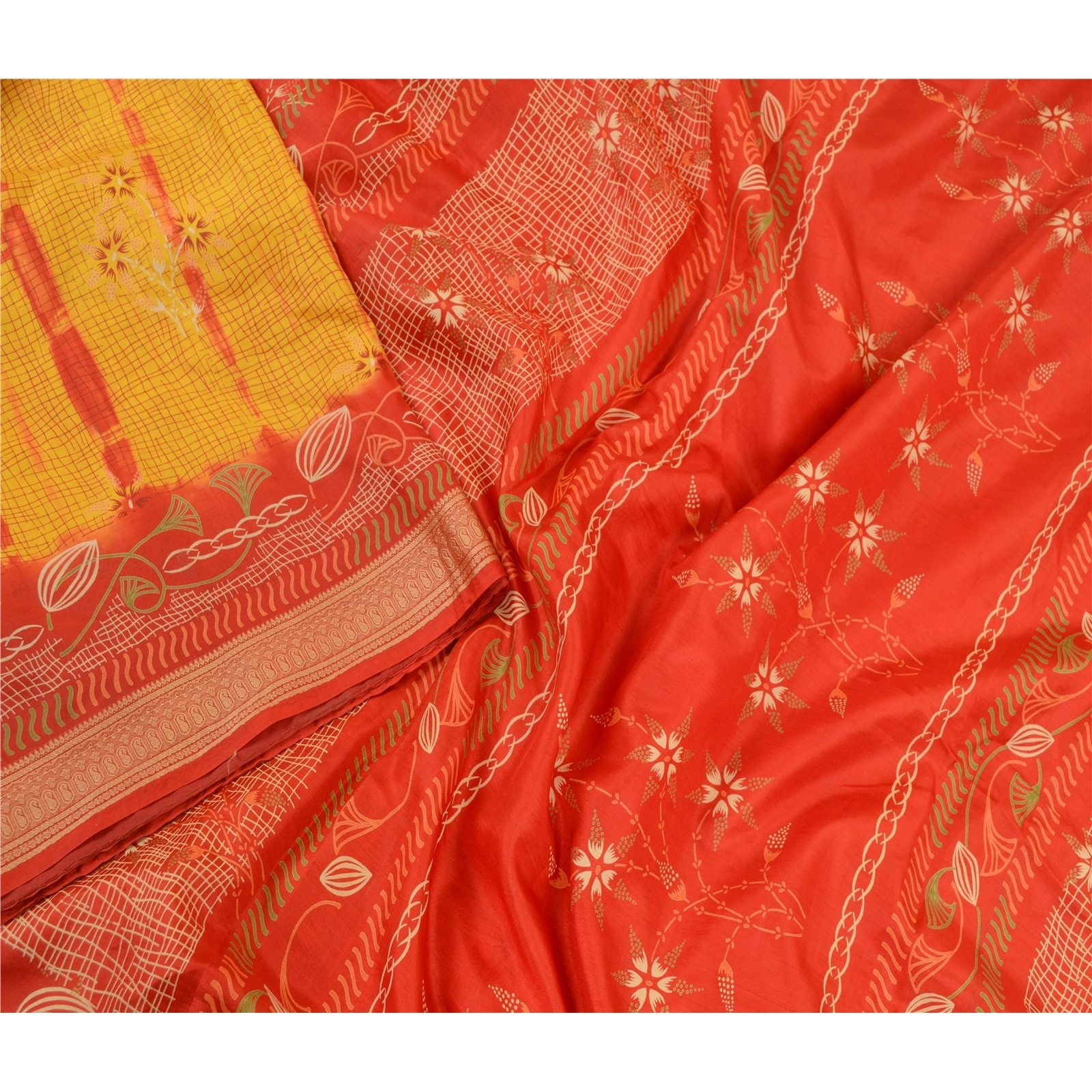 Sanskriti Vintage Sarees Yellow &amp; Red Tie-Dye 100% Pure Silk Printed Sari Fabric, PR-64482-Yellow &amp; Red-Pure Silk-1