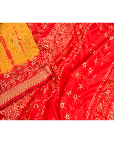 Sanskriti Vintage Sarees Yellow &amp; Red Tie-Dye 100% Pure Silk Printed Sari Fabric, PR-64482-Yellow &amp; Red-Pure Silk-1