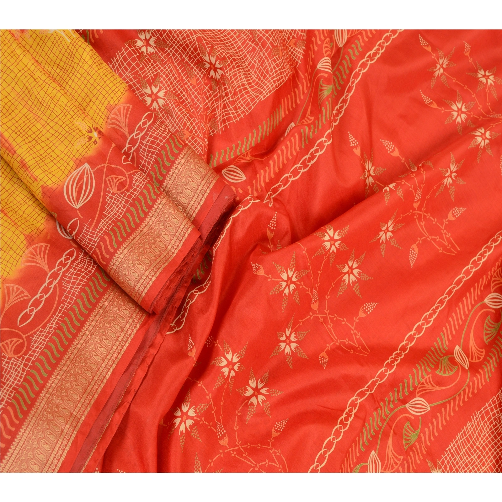 Sanskriti Vintage Sarees Yellow &amp; Red Tie-Dye 100% Pure Silk Printed Sari Fabric, PR-64482-Yellow &amp; Red-Pure Silk-2