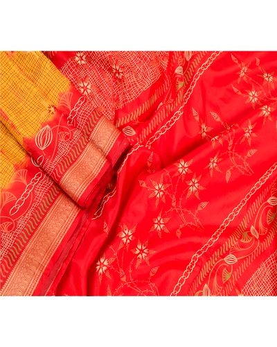 Sanskriti Vintage Sarees Yellow &amp; Red Tie-Dye 100% Pure Silk Printed Sari Fabric, PR-64482-Yellow &amp; Red-Pure Silk-2