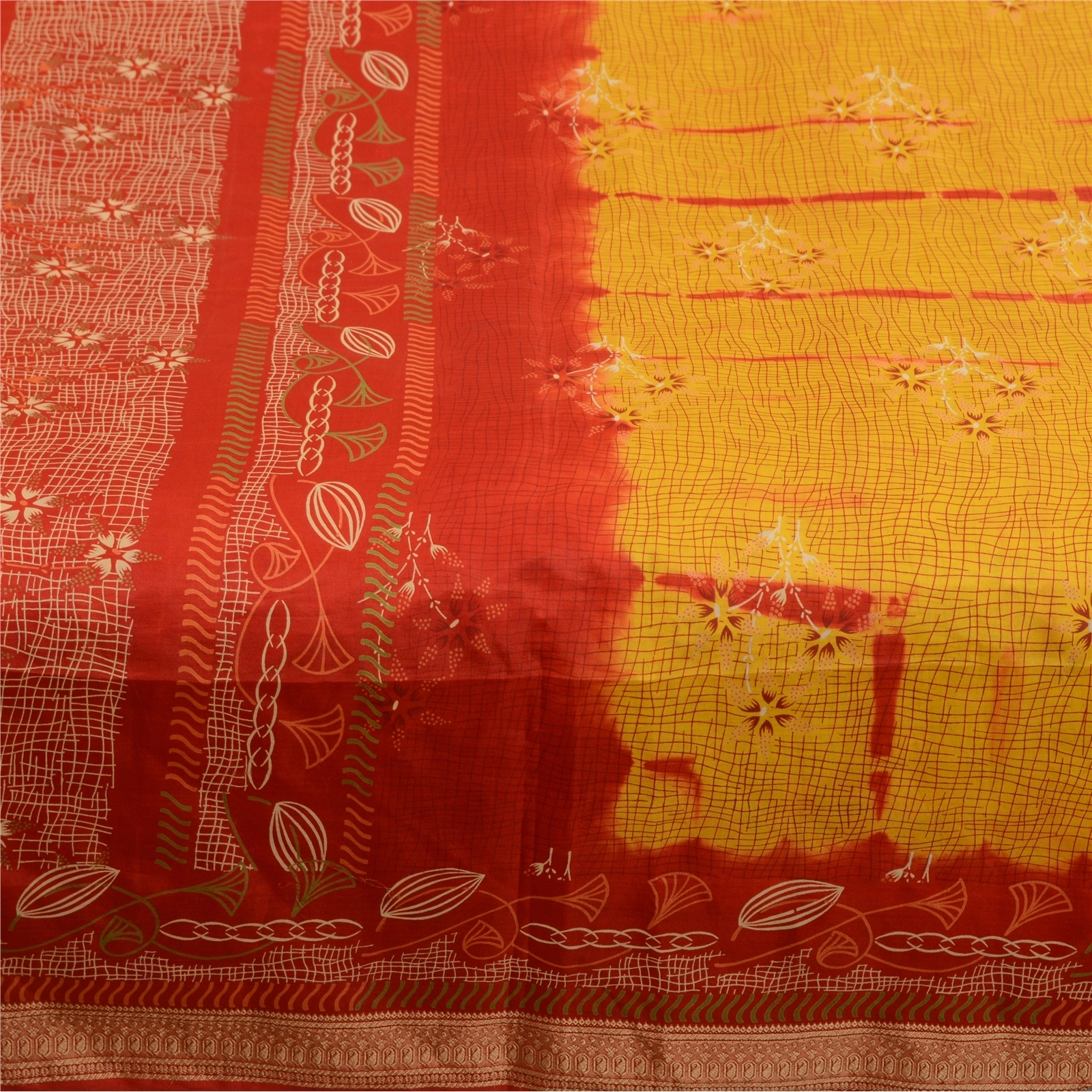 Sanskriti Vintage Sarees Yellow &amp; Red Tie-Dye 100% Pure Silk Printed Sari Fabric, PR-64482-Yellow &amp; Red-Pure Silk-3