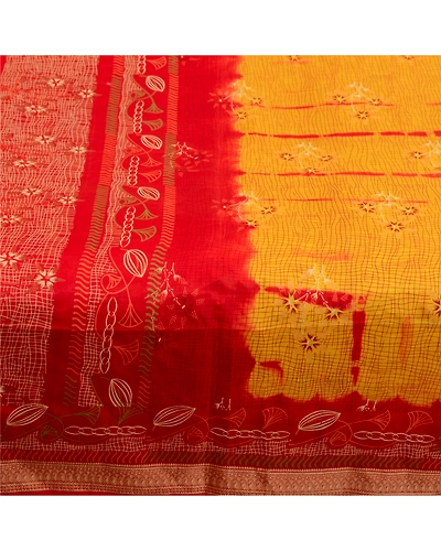 Sanskriti Vintage Sarees Yellow &amp; Red Tie-Dye 100% Pure Silk Printed Sari Fabric, PR-64482-Yellow &amp; Red-Pure Silk-3