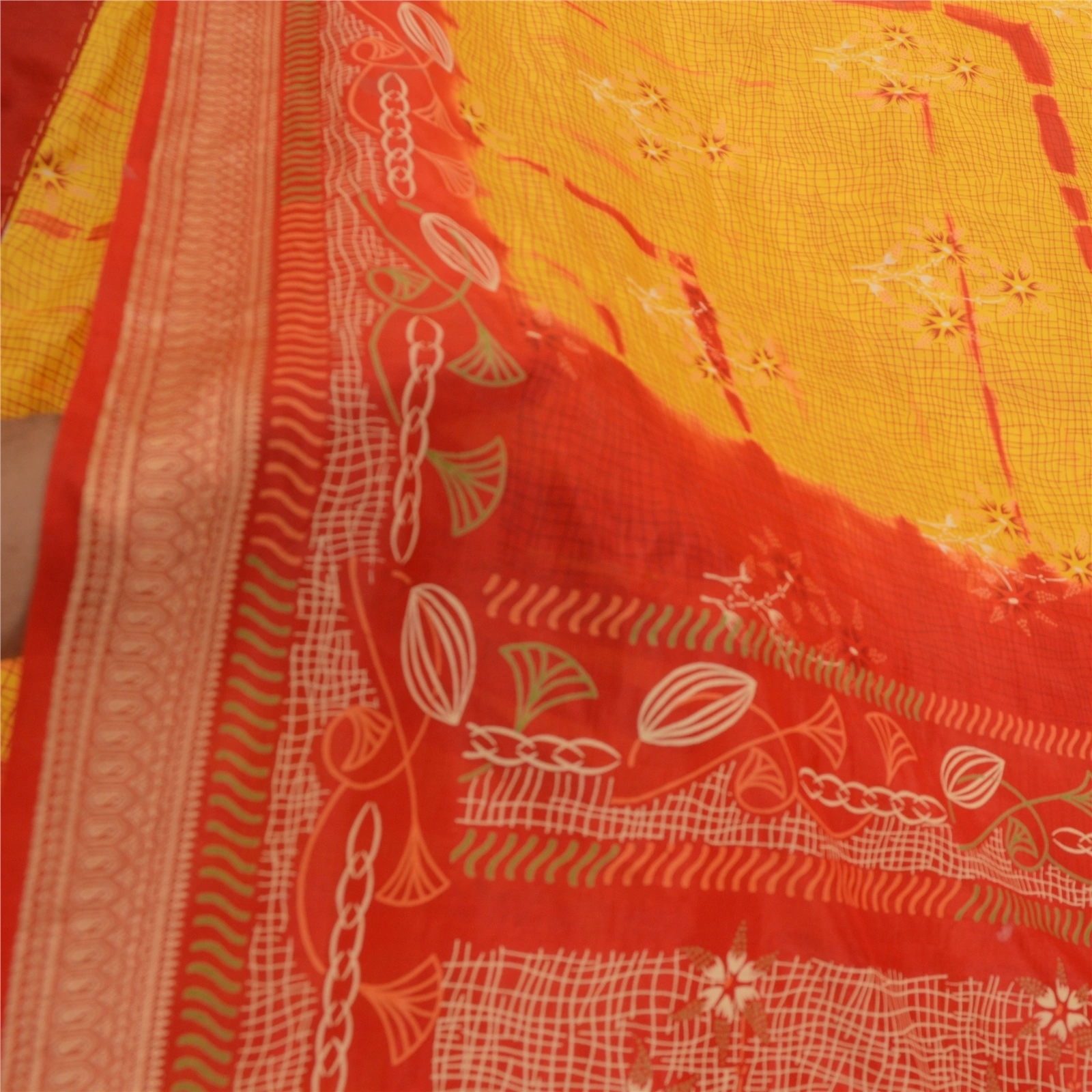 Sanskriti Vintage Sarees Yellow &amp; Red Tie-Dye 100% Pure Silk Printed Sari Fabric, PR-64482-Yellow &amp; Red-Pure Silk-5