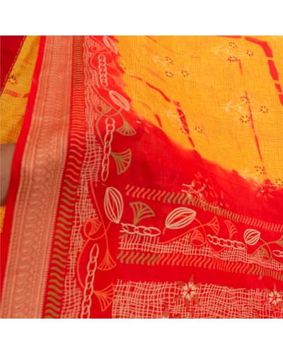 Sanskriti Vintage Sarees Yellow &amp; Red Tie-Dye 100% Pure Silk Printed Sari Fabric, PR-64482-Yellow &amp; Red-Pure Silk-5