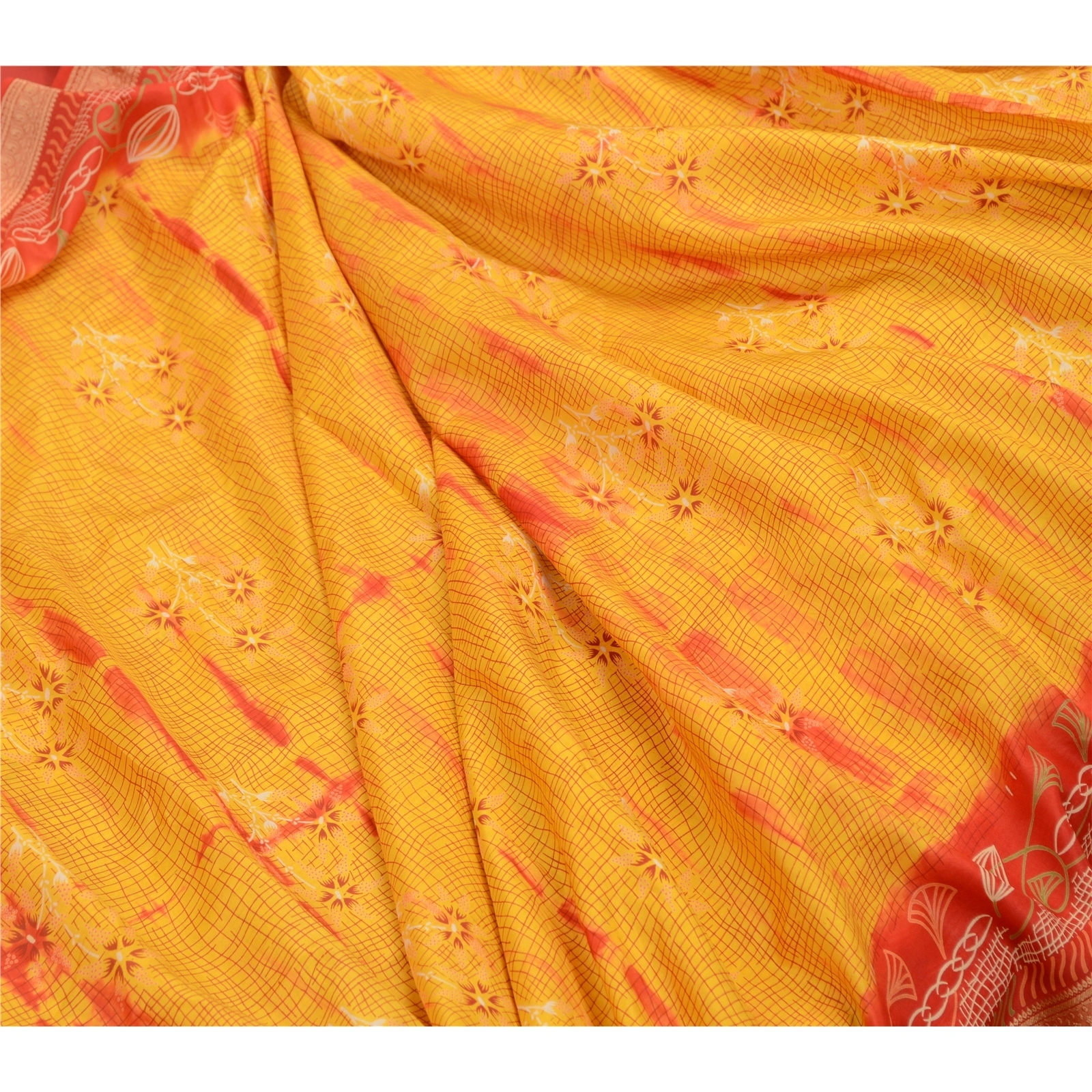 Sanskriti Vintage Sarees Yellow &amp; Red Tie-Dye 100% Pure Silk Printed Sari Fabric, PR-64482-Yellow &amp; Red-Pure Silk-6