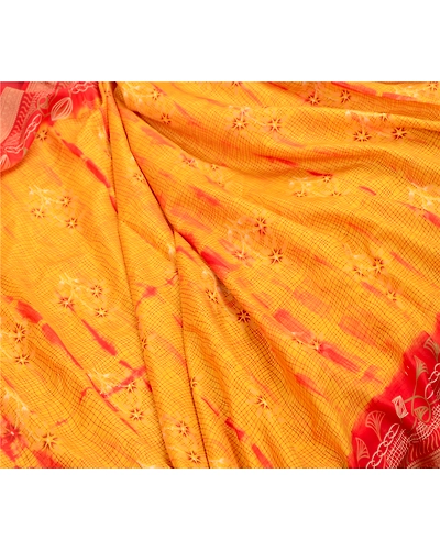 Sanskriti Vintage Sarees Yellow &amp; Red Tie-Dye 100% Pure Silk Printed Sari Fabric, PR-64482-Yellow &amp; Red-Pure Silk-6