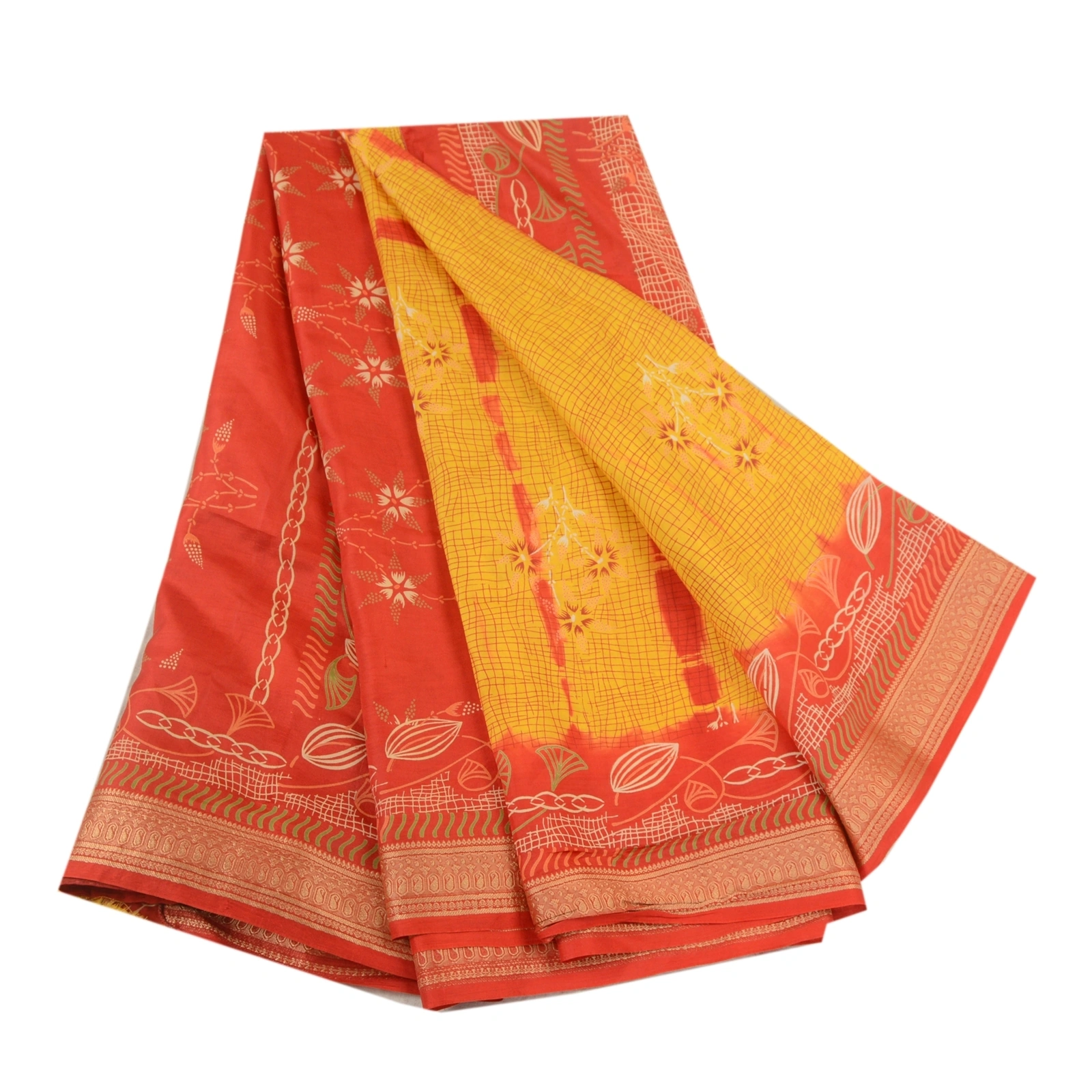 Sanskriti Vintage Sarees Yellow &amp; Red Tie-Dye 100% Pure Silk Printed Sari Fabric, PR-64482-Yellow &amp; Red-Pure Silk-7