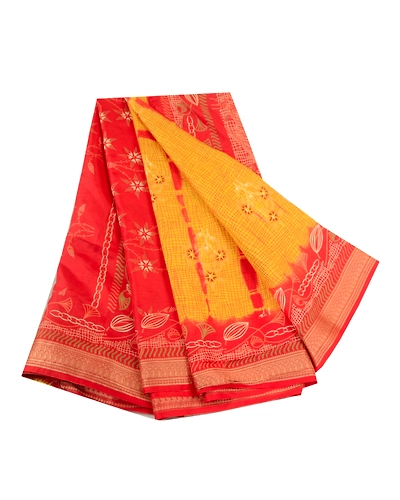 Sanskriti Vintage Sarees Yellow &amp; Red Tie-Dye 100% Pure Silk Printed Sari Fabric, PR-64482-Yellow &amp; Red-Pure Silk-7