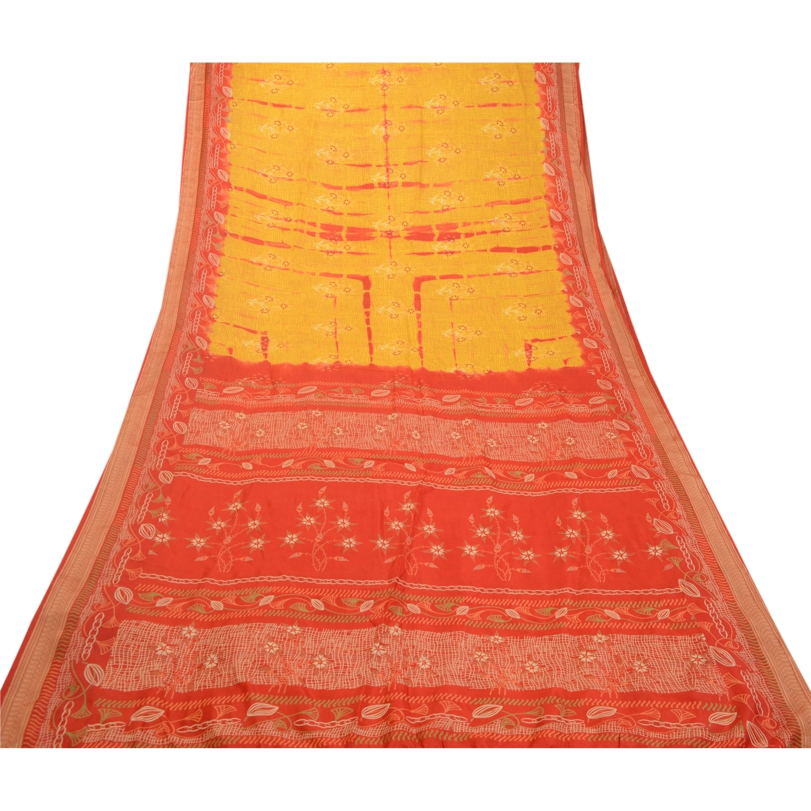 Sanskriti Vintage Sarees Yellow &amp; Red Tie-Dye 100% Pure Silk Printed Sari Fabric, PR-64482-Yellow &amp; Red-Pure Silk-8