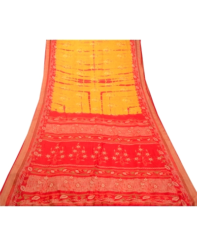 Sanskriti Vintage Sarees Yellow &amp; Red Tie-Dye 100% Pure Silk Printed Sari Fabric, PR-64482-Yellow &amp; Red-Pure Silk-8