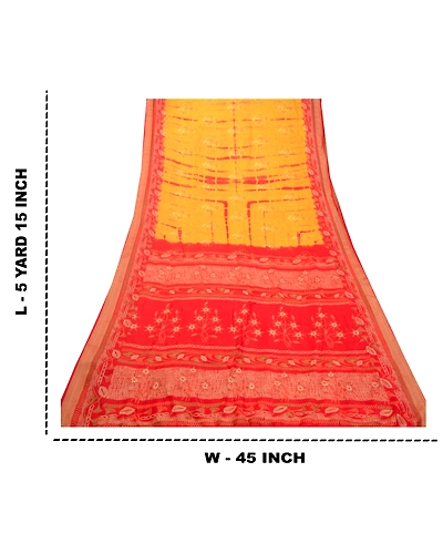 Sanskriti Vintage Sarees Yellow &amp; Red Tie-Dye 100% Pure Silk Printed Sari Fabric, PR-64482-Yellow &amp; Red-Pure Silk-9
