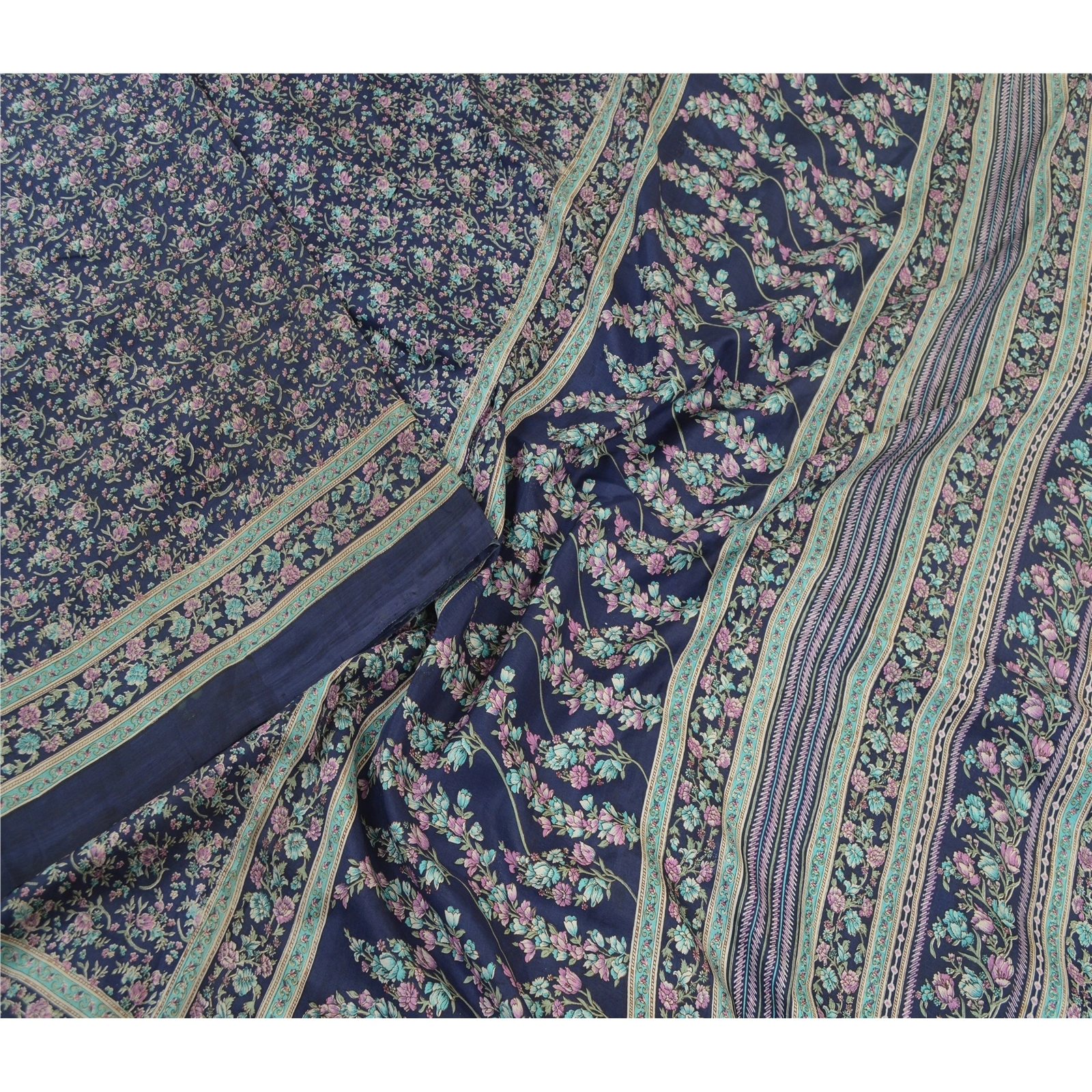 Sanskriti Vintage Sarees From India Blue Pure Silk Printed Sari 5Yd Craft Fabric, PR-64484-Blue-Pure Silk-1