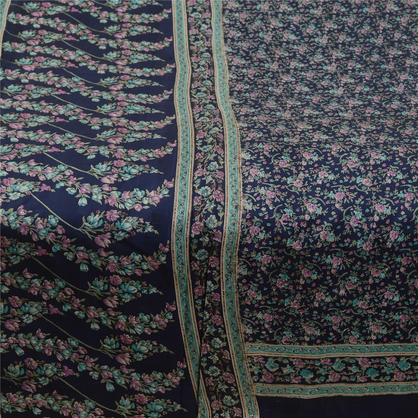 Sanskriti Vintage Sarees From India Blue Pure Silk Printed Sari 5Yd Craft Fabric, PR-64484-Blue-Pure Silk-3