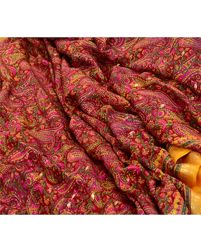 Sanskriti Vintage Sarees Orange Indian Pure Silk Printed Woven Sari Craft Fabric, PR-64485-Orange-Pure Silk-6