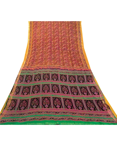 Sanskriti Vintage Sarees Orange Indian Pure Silk Printed Woven Sari Craft Fabric, PR-64485-Orange-Pure Silk-8