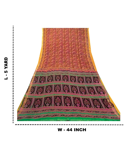 Sanskriti Vintage Sarees Orange Indian Pure Silk Printed Woven Sari Craft Fabric, PR-64485-Orange-Pure Silk-9
