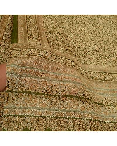 Sanskriti Vintage Sarees Green Indian Printed 100% Pure Silk Sari Craft Fabric, PR-64499-Green-Pure Silk-6